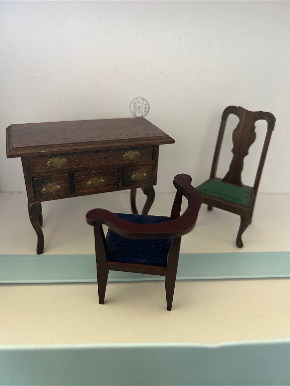 Vintage Dollhouse Furniture Lot Wood Desk 2 Chairs Miniature